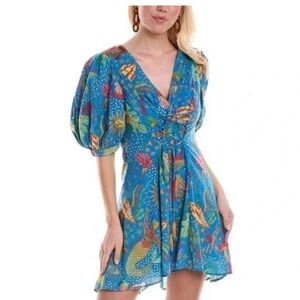 Farm Rio Blue Puff-Sleeve V-Neck Printed Mini Dress